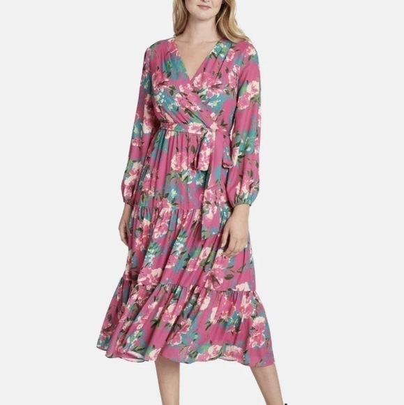 NWT Tahari Floral dress Long Sleeve Floral Print Surplus with Prairie Skirt 10 - Picture 2 of 12